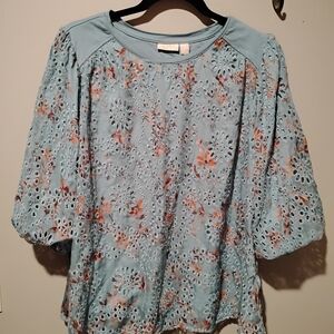 LOGO by Lori Goldstein Blue and Orange Floral Blouse